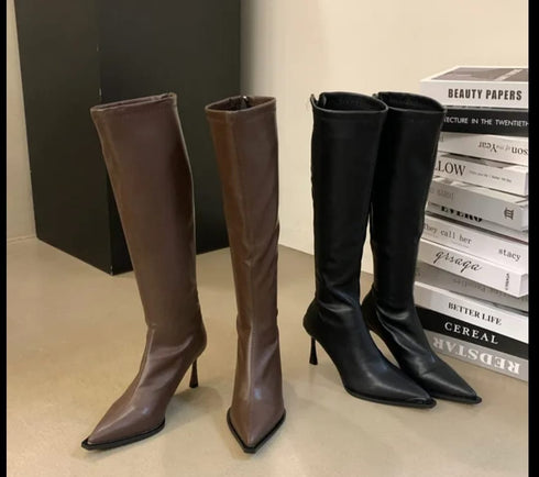 Winter pointed-Toe Leather Stiletto Heel Boots